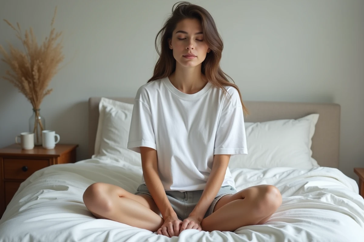 Jeune femme méditant seule assise sur son lit dans une chambre épurée, les yeux fermés et les mains ouvertes sur les genoux