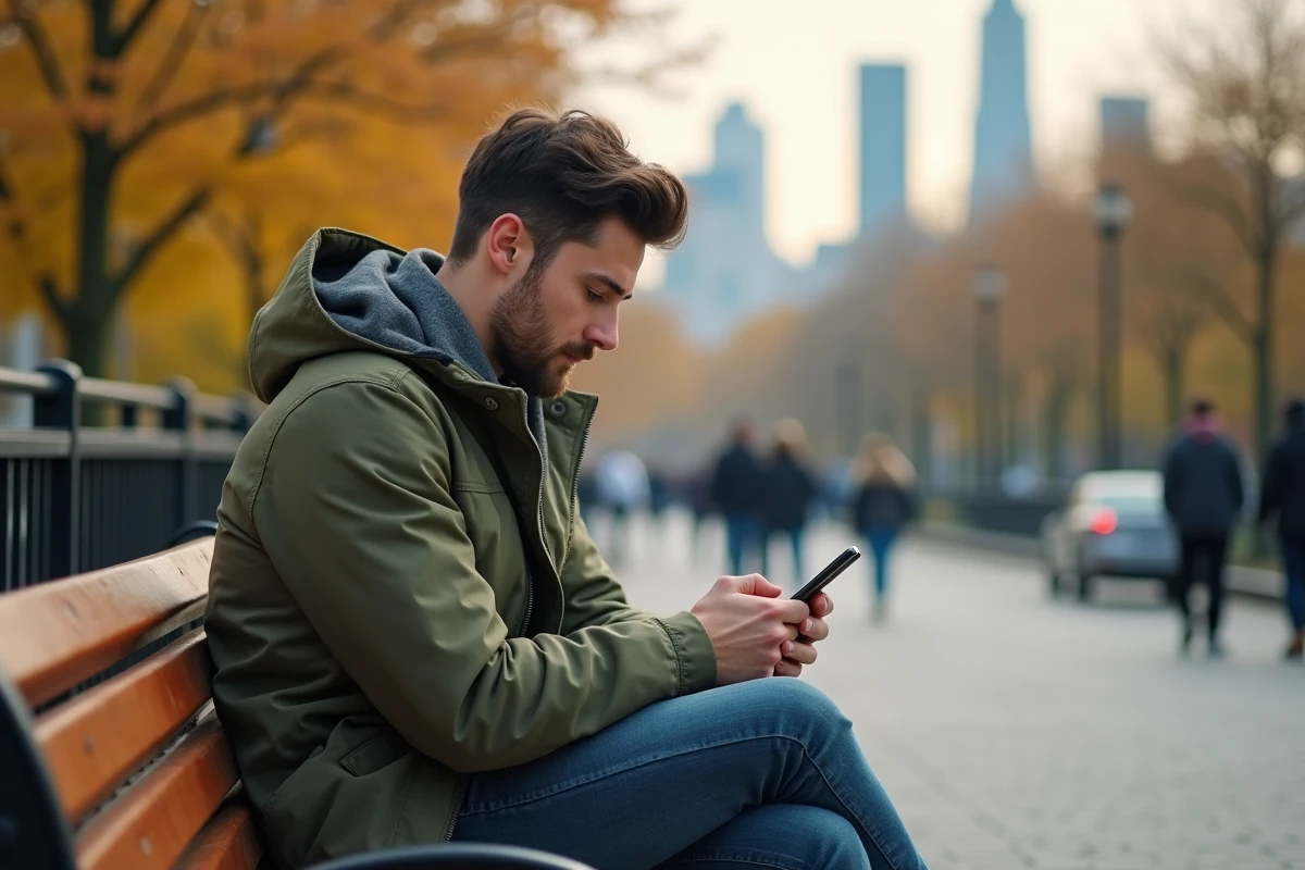 Jeune homme utilisant une application VPN sur son smartphone dans un parc public pour rester anonyme en ligne