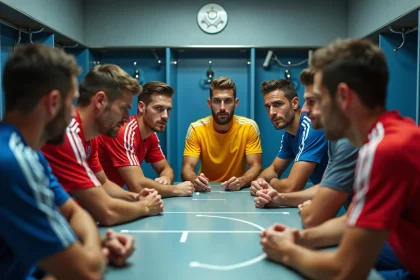 Joueurs de football en maillots nationaux discutant tactique dans un vestiaire moderne avant l'Euro 2026