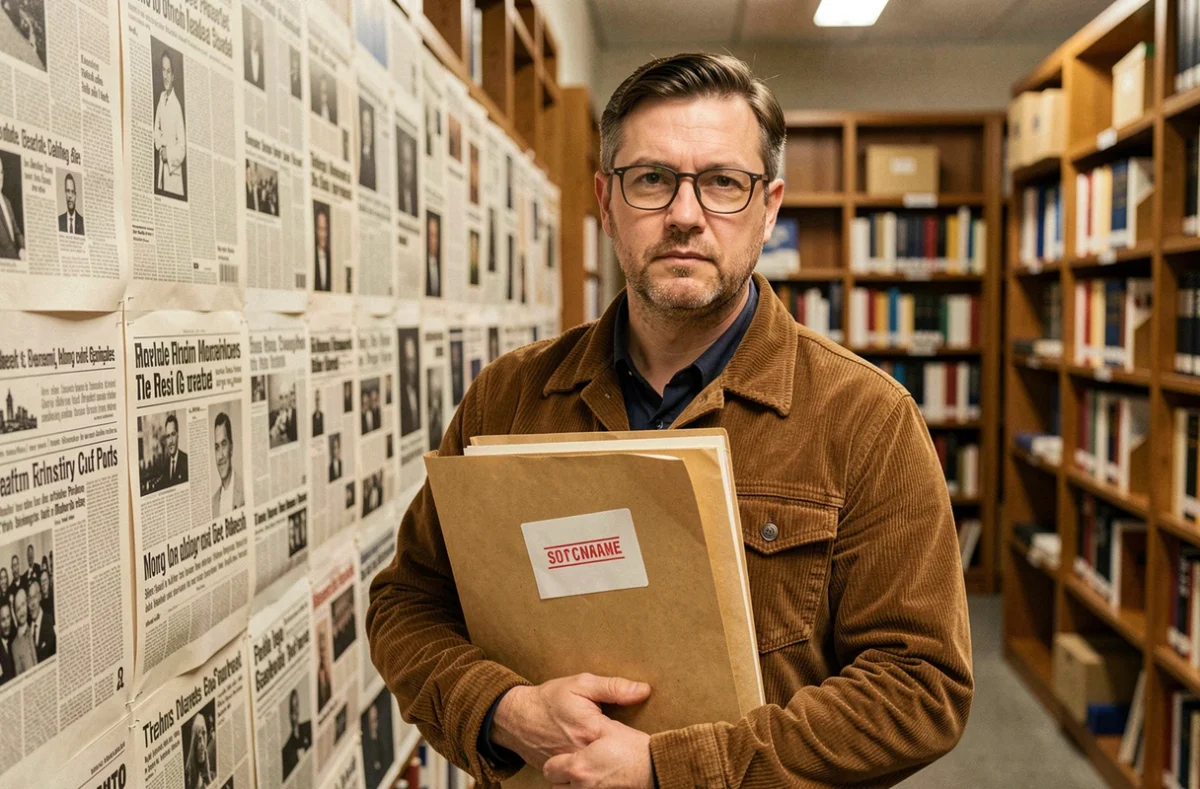 Journaliste tenant un dossier classifié devant un mur d'archives de journaux dans une bibliothèque, évoquant l'identité secrète de Spider-Man