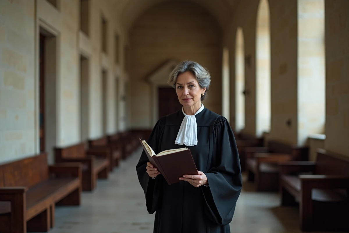 Juge tenant un dossier juridique dans le couloir d'un tribunal, illustrant la loi sur la protection de l'enfance