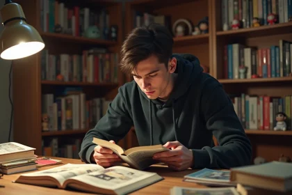 Jeune homme lisant un manga en version française à son bureau entouré de volumes empilés, illustrant le guide de lecture de Become the Strongest Hero Through the Cheat System