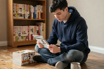 Jeune homme lisant un manga sur une tablette numérique entouré de volumes physiques dans un appartement cosy