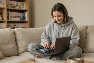 Jeune femme lisant des scans de manga sur son ordinateur portable dans un salon cosy entouré de volumes manga