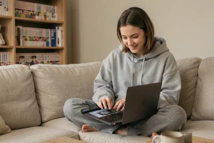 Jeune femme lisant des scans de manga sur son ordinateur portable dans un salon cosy entouré de volumes manga