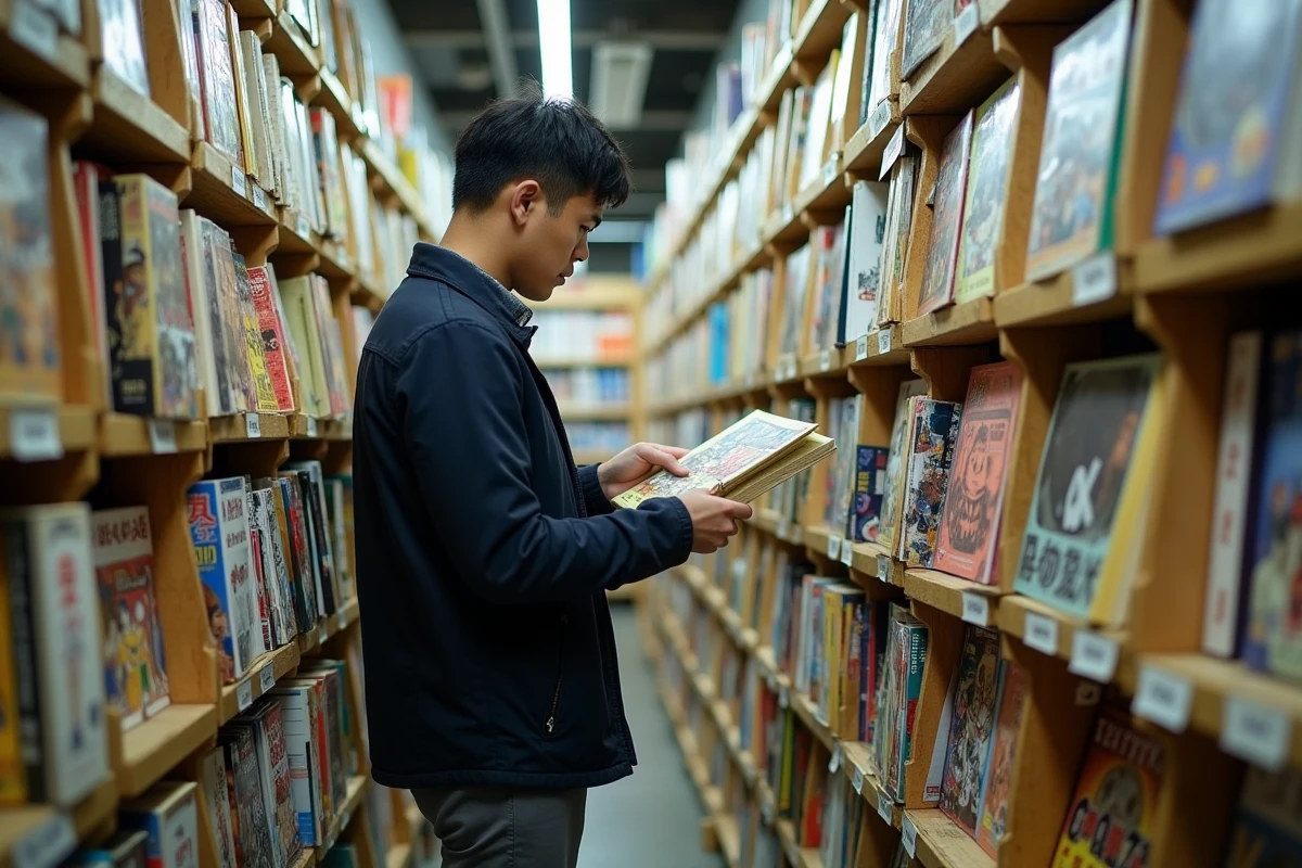 Homme adulte explorant les rayons d'une librairie spécialisée manga pour choisir ses premiers volumes