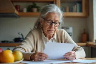 Femme âgée de plus de 80 ans examinant des documents de location dans son appartement