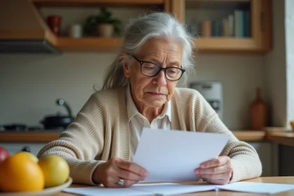 Femme âgée de plus de 80 ans examinant des documents de location dans son appartement
