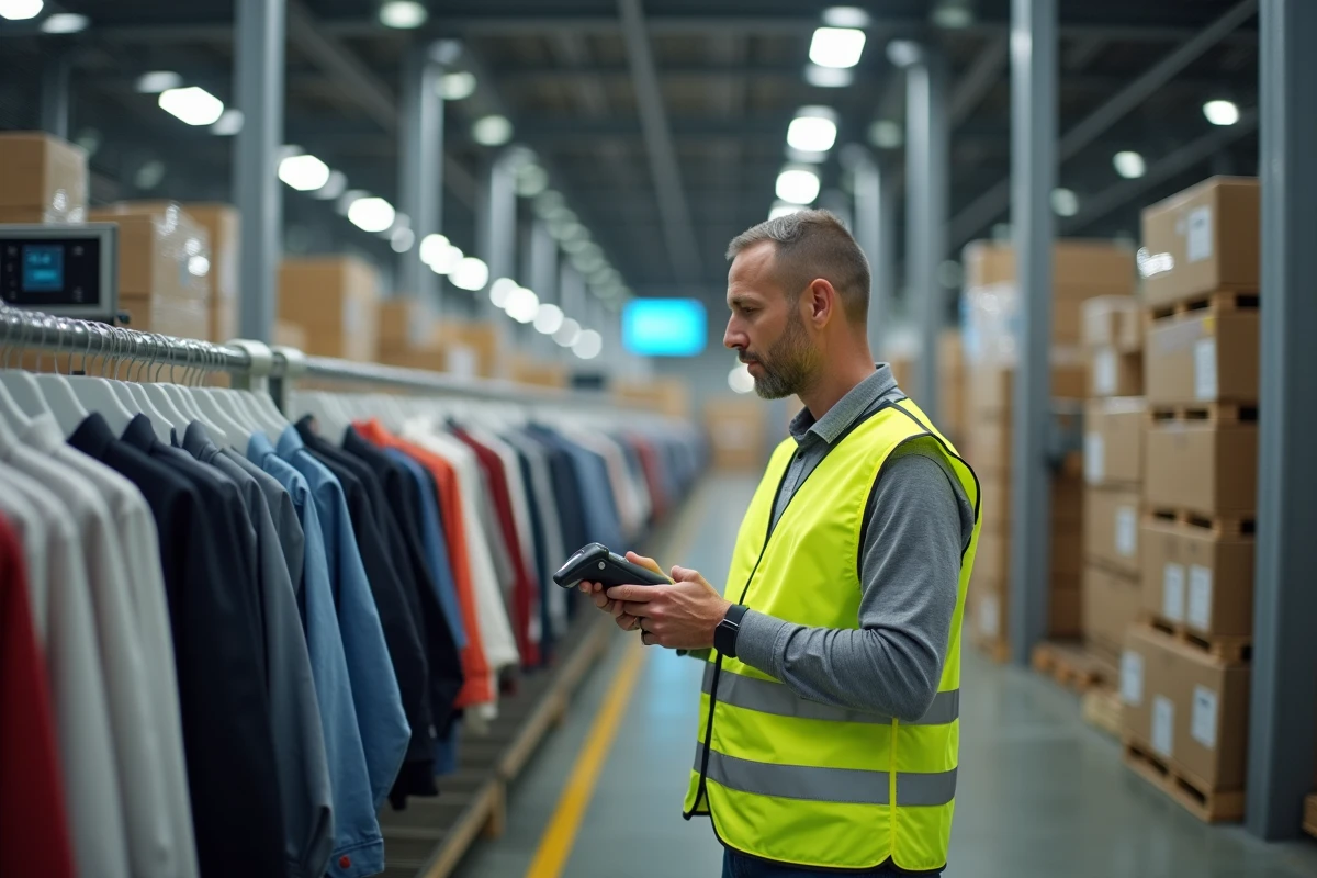 Employé logistique scannant des vêtements avec un lecteur RFID dans un entrepôt de distribution de mode numérisé