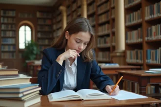 Étudiante de lycée concentrée sur ses révisions dans une bibliothèque scolaire classique, entourée de manuels et de notes