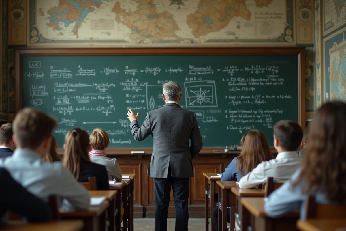 Professeur de lycée expliquant des équations mathématiques complexes dans une salle de classe traditionnelle française