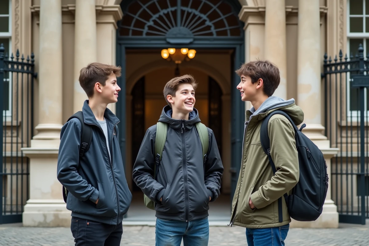 Groupe d'élèves devant l'entrée d'un lycée d'excellence à l'architecture néoclassique imposante en France