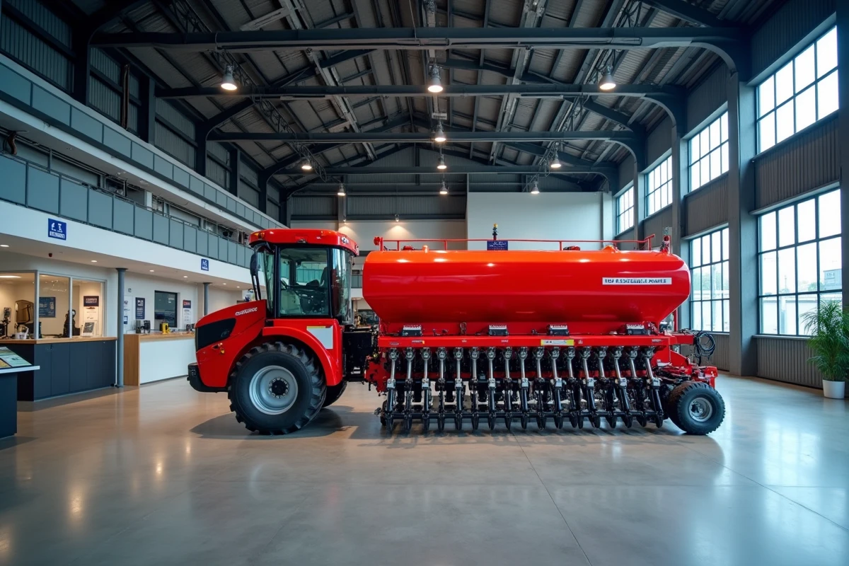 Machine de semis de précision exposée dans un salon professionnel de matériel agricole moderne