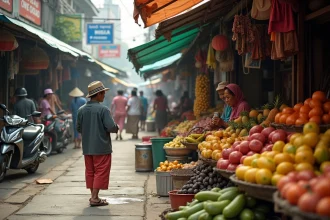 Marché de rue animé en Asie du Sud-Est avec des étals de fruits tropicaux et des vendeurs locaux, illustrant le coût de la vie bas dans les pays les moins chers du monde