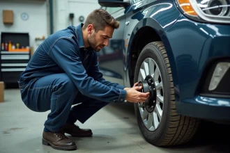 Mécanicien inspectant les freins d'une voiture dans un garage automobile professionnel