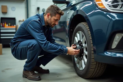 Mécanicien inspectant les freins d'une voiture dans un garage automobile professionnel