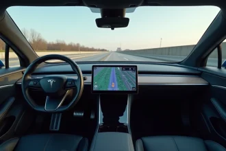 Tableau de bord d'une voiture électrique avec système autopilot affichant la détection de voie sur autoroute