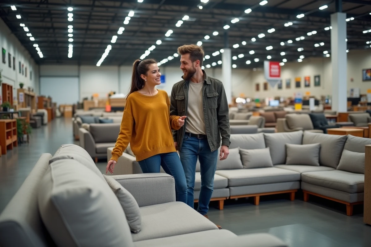 Couple discutant devant un canapé d'angle dans un grand magasin de meubles en période de promotions
