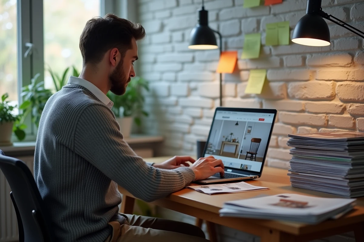 Homme comparant des meubles en ligne sur son ordinateur portable avec des catalogues ouverts sur son bureau