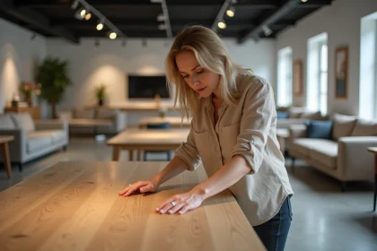 Femme inspectant une table en chêne massif dans un magasin de meubles lors d'une période de soldes