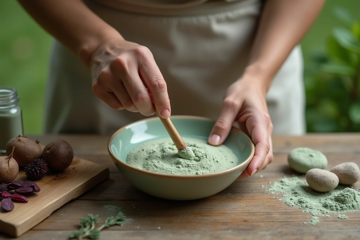 Mains mélangeant un pigment naturel végétal et de la craie dans un bol en céramique pour créer une peinture naturelle maison