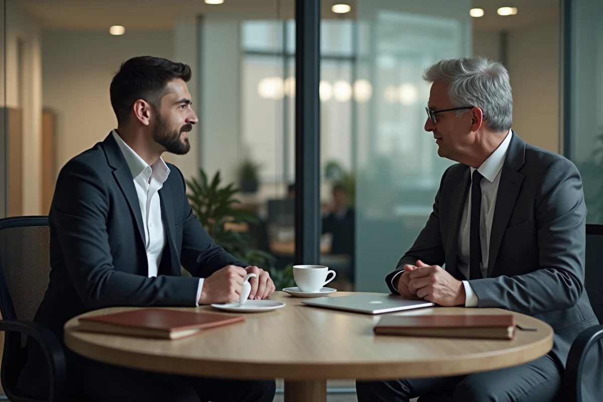 Mentor gestionnaire d'actifs senior transmettant son expertise à un jeune analyste financier en réunion