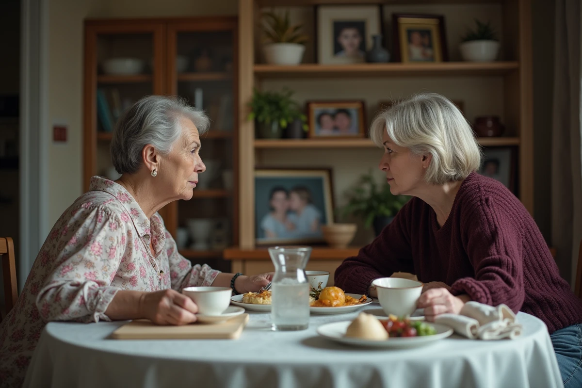 Mère et fille adulte assises en silence aux deux extrémités d'une table, représentant les tensions relationnelles et la nécessité de lâcher prise en famille