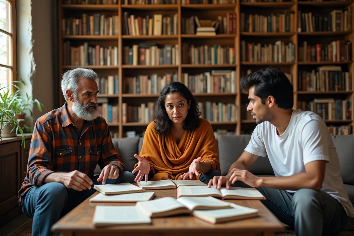 Groupe d'adultes en discussion autour de textes et de fiches dans une bibliothèque informelle, évoquant la méthode d'alphabétisation critique de Paulo Freire