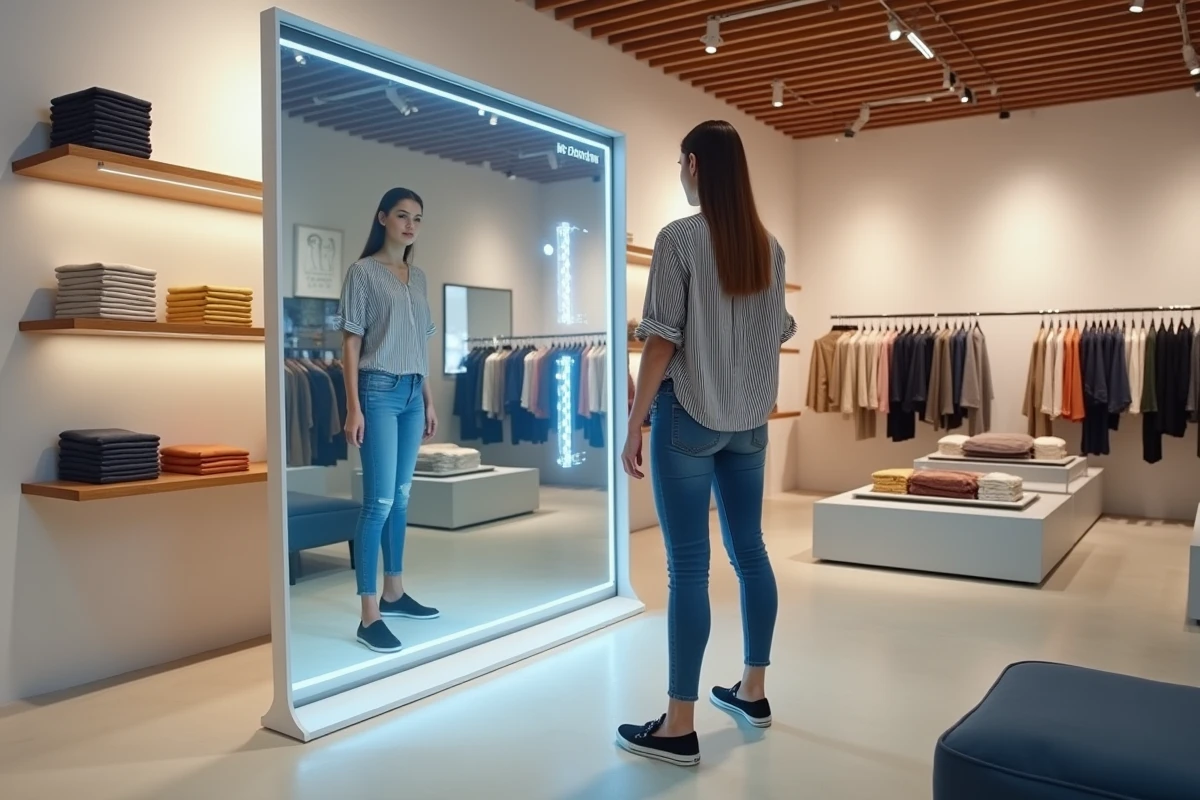 Cliente d'une boutique de mode essayant des tenues virtuelles devant un miroir en réalité augmentée connecté