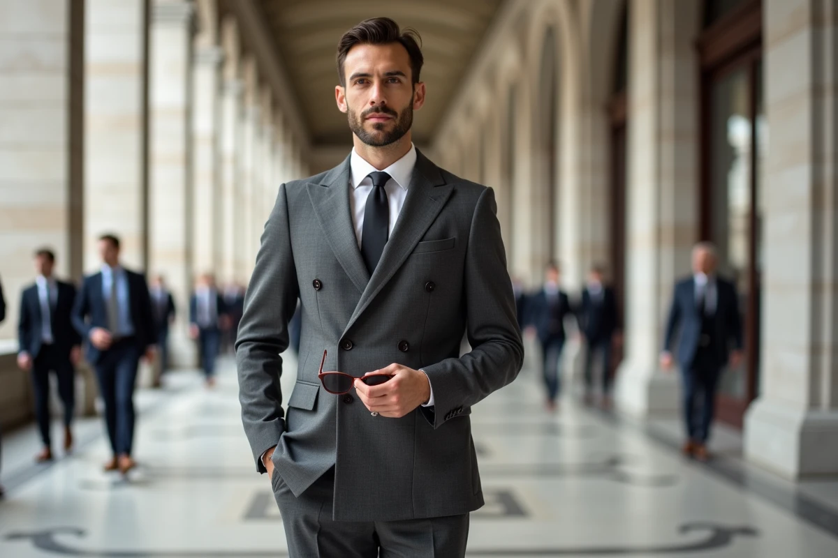 Homme italien en costume gris anthracite double boutonnage devant une colonnade de marbre à Milan, représentant l'élégance italienne