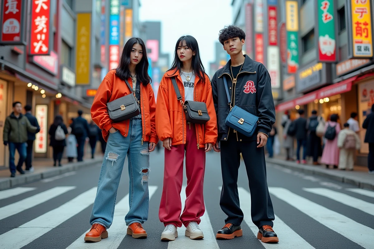 Groupe de jeunes adultes en tenues streetwear avant-gardiste dans le quartier Harajuku de Tokyo, illustrant la créativité de la mode japonaise