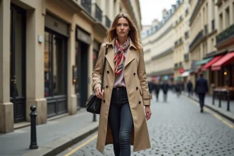 Femme parisienne élégante en trench-coat beige marchant sur un boulevard haussmannien à Paris, illustrant le style à la française