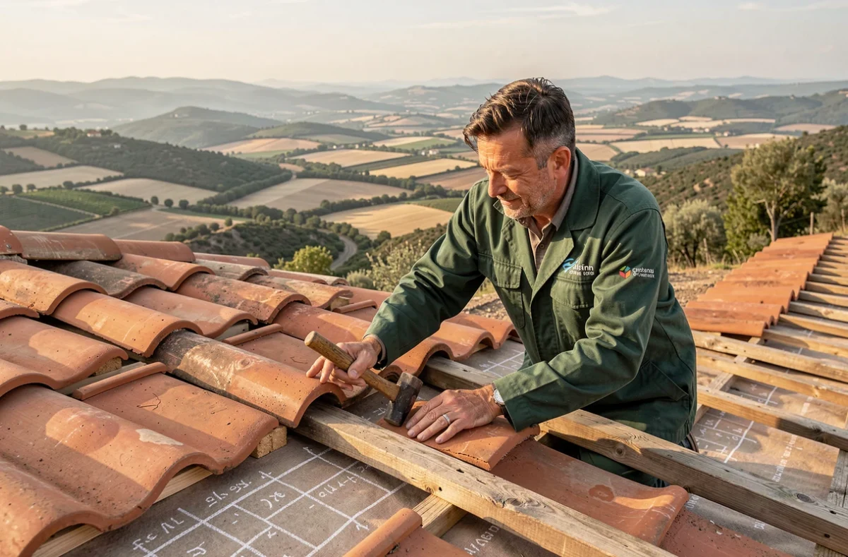 Couvreur de Montéli-Toiture posant des tuiles romaines en terre cuite sur une villa avec vue sur la plaine de Montélimar