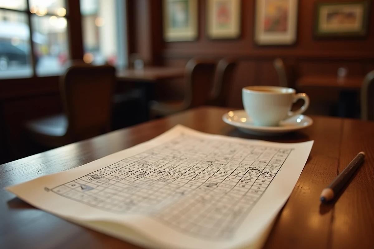 Mots fléchés italiens sur une table de café avec un espresso et un crayon dans un bar traditionnel
