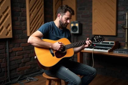 Musicien américain dans un studio d'enregistrement consultant sa playlist sur smartphone tout en tenant une guitare acoustique