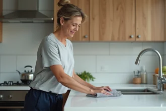 Femme qui nettoie le plan de travail de sa cuisine avec un chiffon en microfibre dans le cadre d'un programme de nettoyage de la maison sur 3 jours