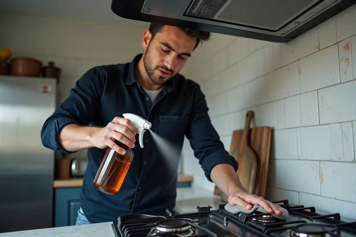 Homme nettoyant une plaque de cuisson grasse avec un spray dégraissant fait maison
