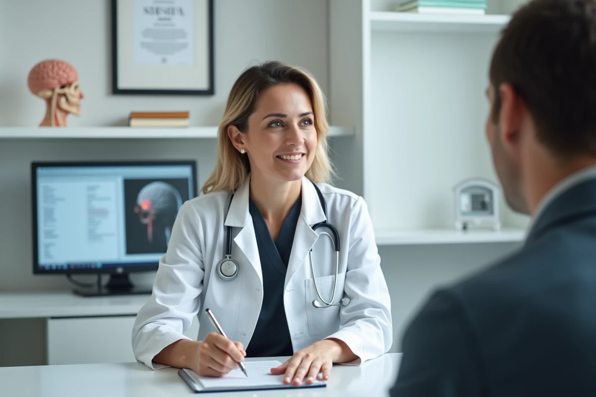 Neurologue examinant un patient dans un cabinet spécialisé pour diagnostiquer des maladies causant des tics