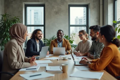 Groupe de professionnels diversifiés réunis autour d'une table de réunion dans un bureau moderne, illustrant les objectifs de diversité et d'inclusion en entreprise