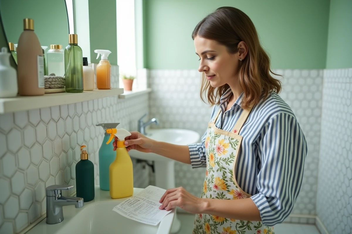 Femme qui organise ses produits ménagers dans une salle de bain en suivant une liste de nettoyage planifiée sur 3 jours