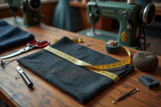 Outils essentiels du tailleur sur un établi en bois : ciseaux, mètre ruban, craie de tailleur et épingles