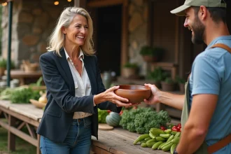 Échange en nature entre une femme et un agriculteur dans un marché rural, illustrant le concept de paiement en nature