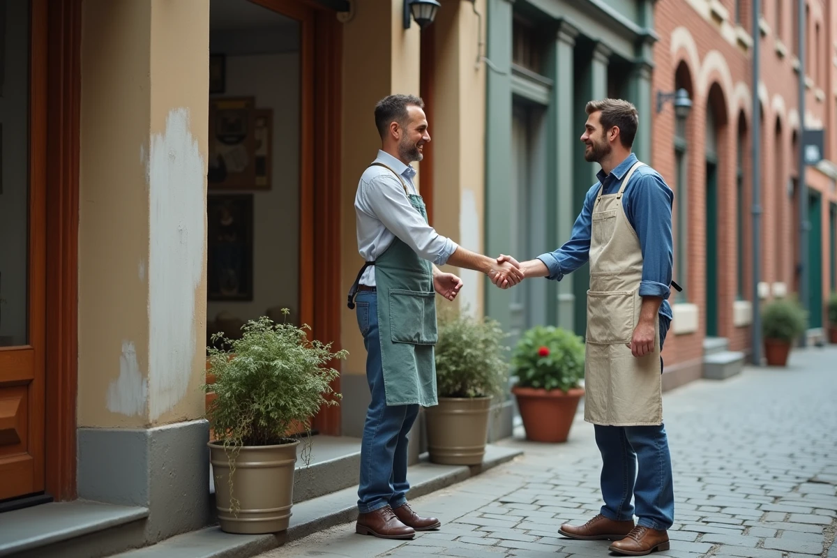 Un artisan peintre règle une transaction en échange de services, symbolisant le paiement en nature dans le cadre professionnel
