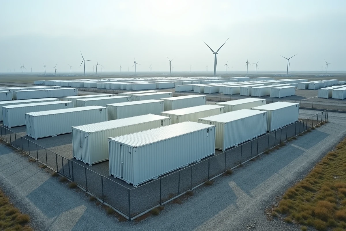 Vue aérienne d'un parc de stockage d'énergie industriel avec conteneurs de batteries alignés