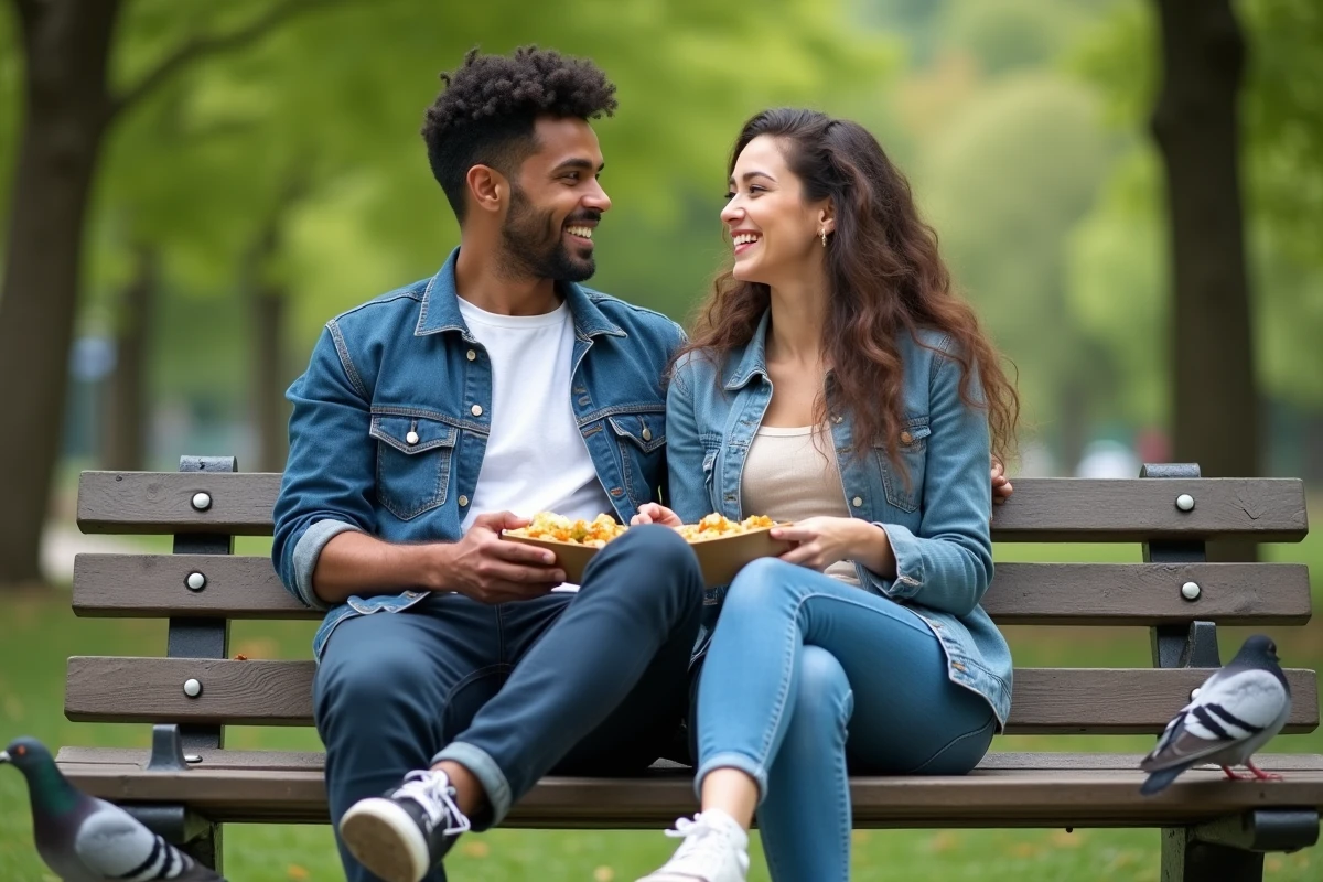 Deux jeunes adultes de cultures différentes partageant un repas sur un banc de parc, symbole de bienveillance interculturelle
