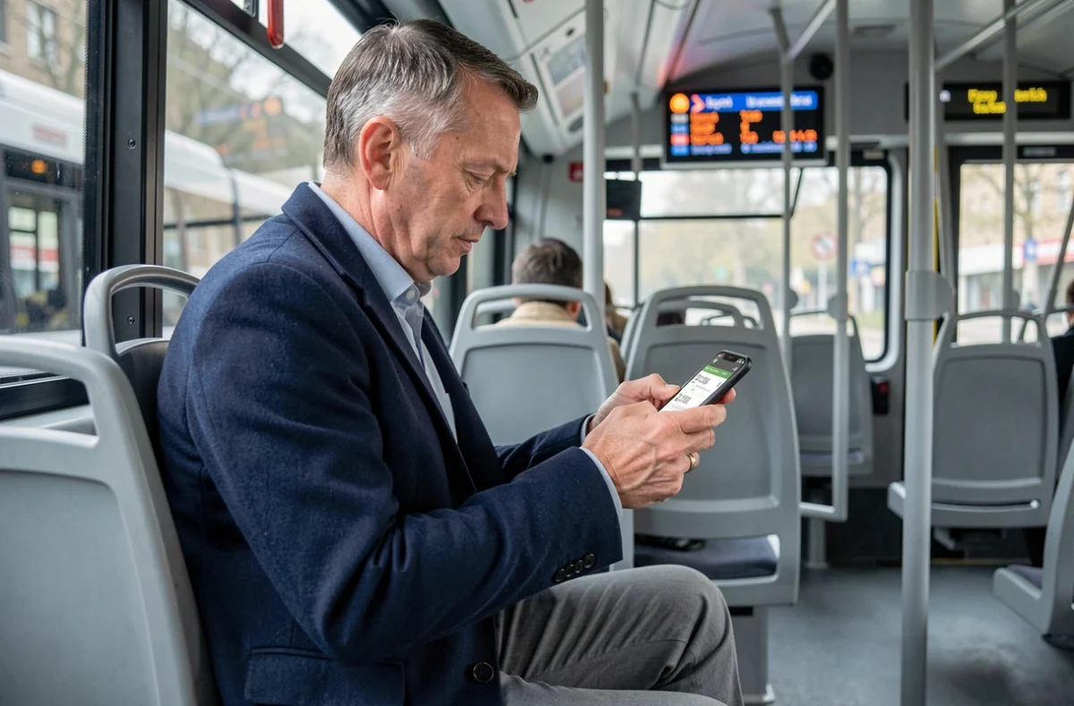 Passager vérifiant les horaires de bus TCL Lyon sur une application mobile à l'intérieur d'un bus