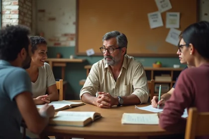 Enseignant animant un cercle de discussion participatif avec des adultes dans une salle de classe communautaire, illustrant la pédagogie de Paulo Freire