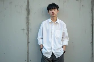 Portrait d'une personne agender aux traits androgynes en tenue neutre devant un mur en béton urbain