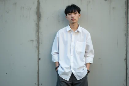 Portrait d'une personne agender aux traits androgynes en tenue neutre devant un mur en béton urbain
