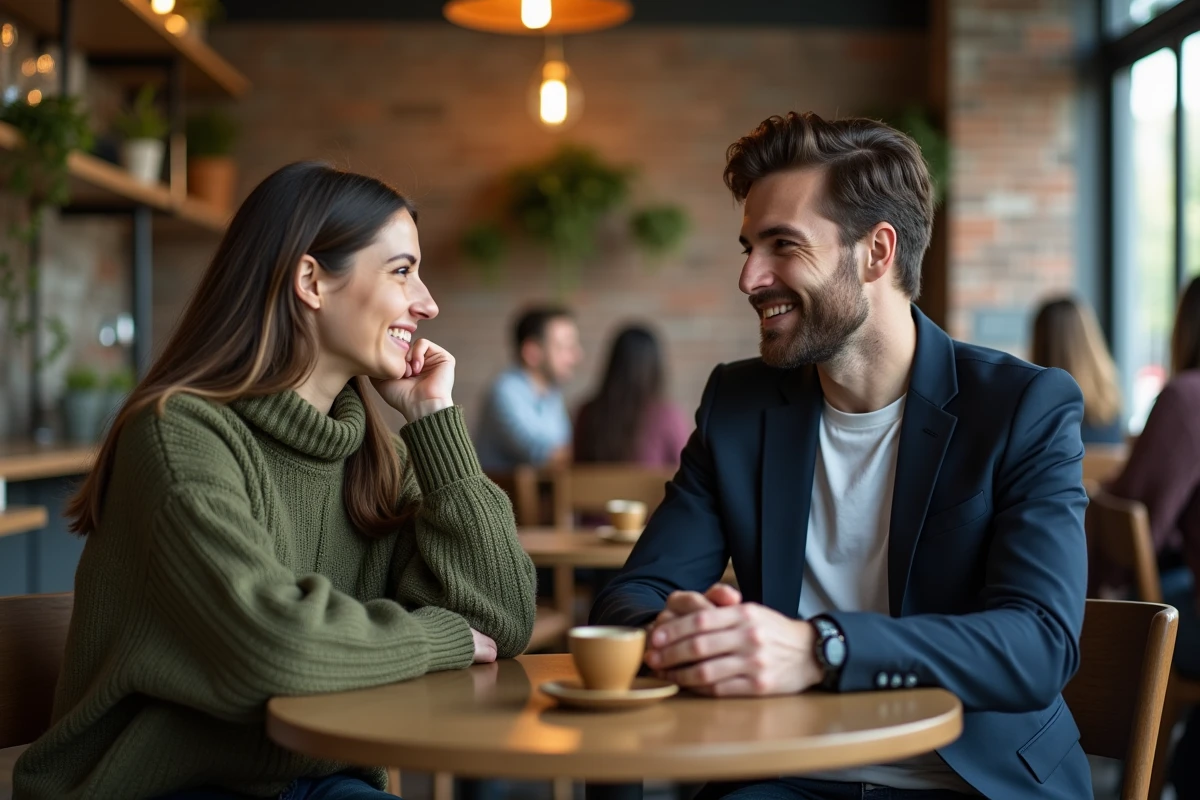 Deux personnes aux styles vestimentaires neutres et androgynes en conversation dans un café